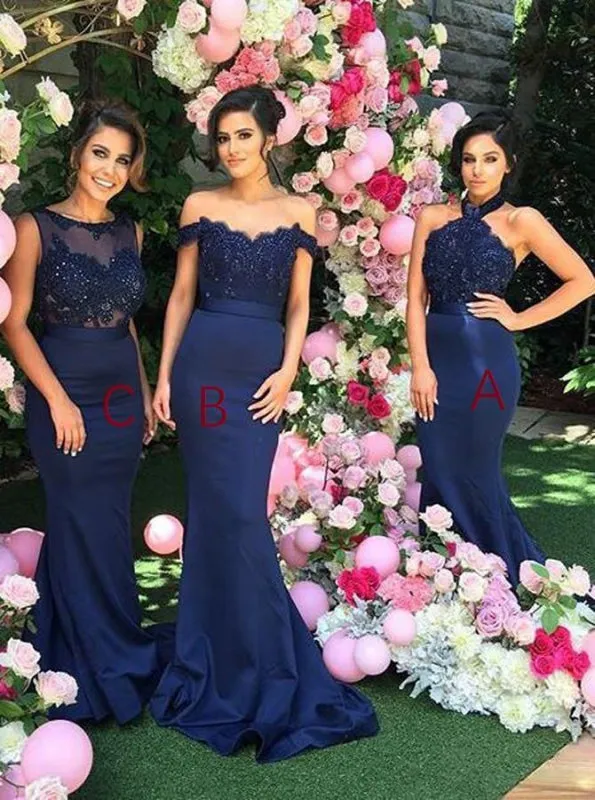 Mermaid Halter Open Back Navy Blue Bridesmaid Dress