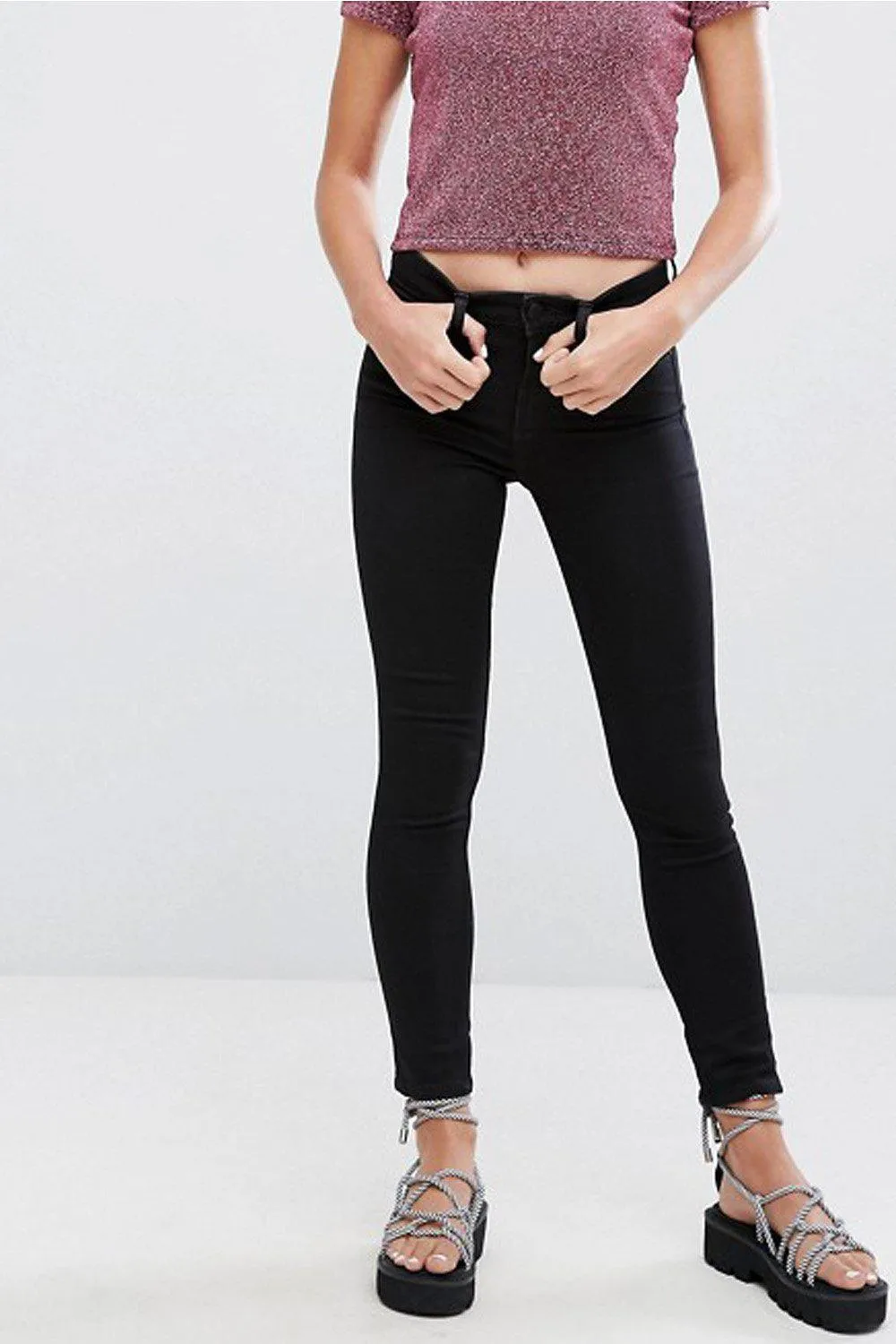 MONKI Mocki Black Cropped Mid Rise Skinny Jeans