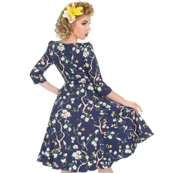 Navy Blue Bird and Floral Print 3/4 Sleeve 50s Swing Dress