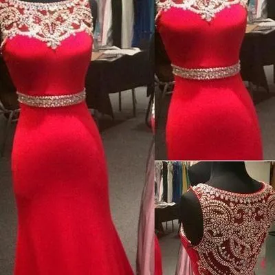 New Style Sparkle Red Beaded Bodice Long Lace Satin Mermaid Sexy Prom Dresses