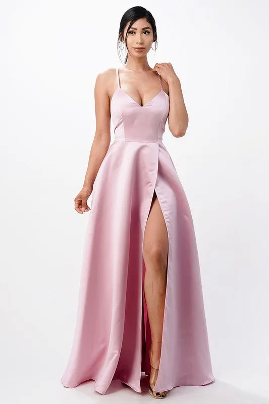 open side back spaghetti zig zag tie satin gown