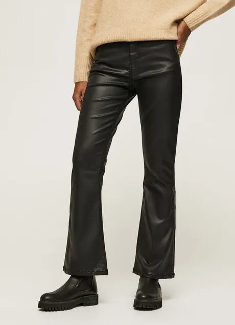 Pepe Jeans Dion Flare black waxed jeans trousers with high waist and wide PL204156XB0 denim black