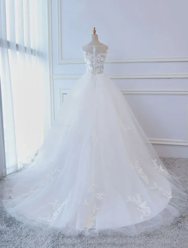 Princess Wedding Dresses Ball Gowns Lace Flowers Applique Sleeveless Bridal Gowns With Train