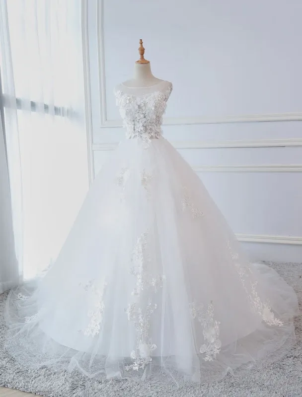 Princess Wedding Dresses Ball Gowns Lace Flowers Applique Sleeveless Bridal Gowns With Train