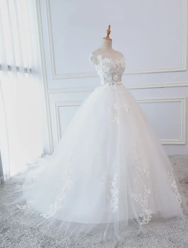 Princess Wedding Dresses Ball Gowns Lace Flowers Applique Sleeveless Bridal Gowns With Train