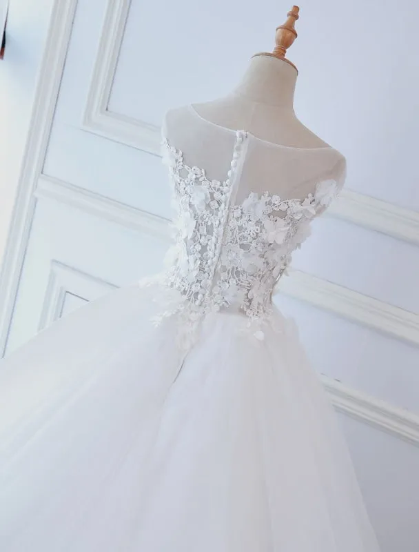 Princess Wedding Dresses Ball Gowns Lace Flowers Applique Sleeveless Bridal Gowns With Train