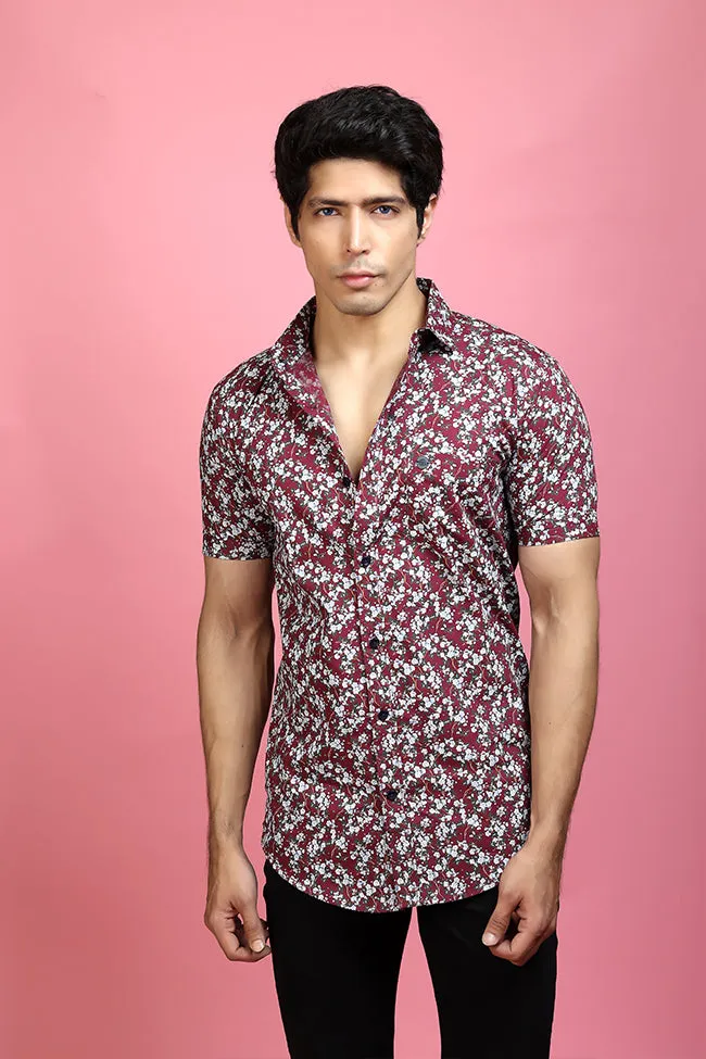 Printed Half Sleeve Shirt - Men Casual Maroon Printed Shirt