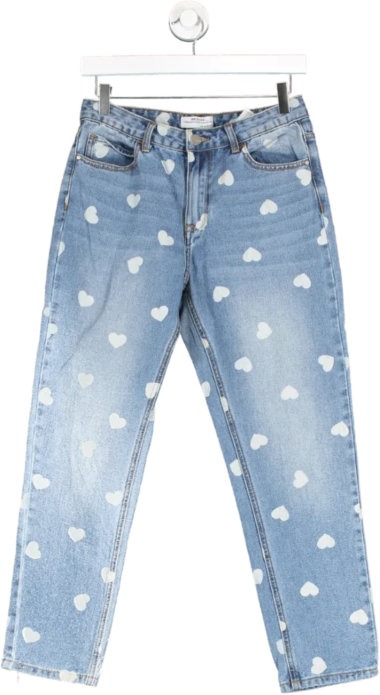 Redial Blue Heart Print Mom Style Jeans UK 8