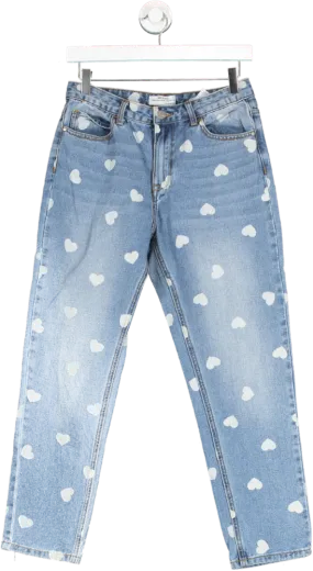 Redial Blue Heart Print Mom Style Jeans UK 8