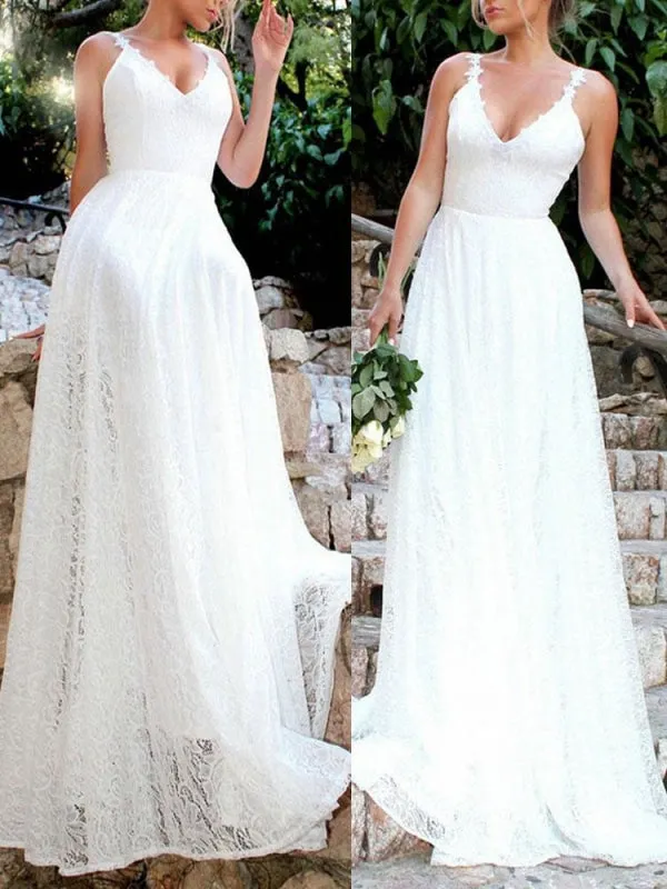 Simple Wedding Dresses 2021 A Line V Neck Straps Backless Floor Length Classic Bridal Gowns