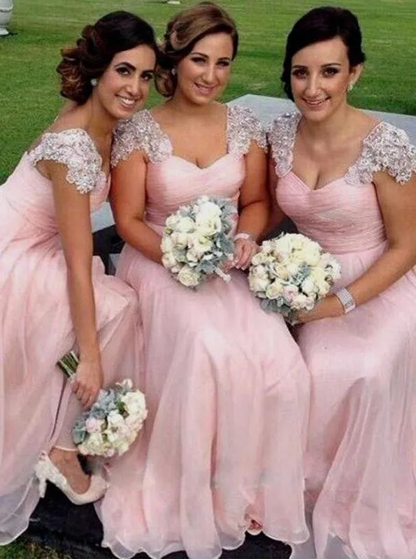 Stunning Scoop Floor-Length Pink Chiffon Bridesmaid Dress