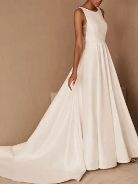 Vintage Wedding Dress Jewel Neck Sleeveless Natural Waist Floor Length Backless Matte Satin Cathedral Train Bridal Dress