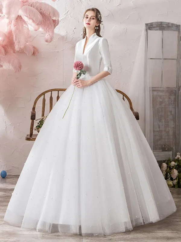 Vintage Wedding Dresses Princess High Collar Half Sleeve Floor Length Tulle Traditional Bridal Gowns