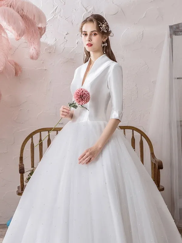 Vintage Wedding Dresses Princess High Collar Half Sleeve Floor Length Tulle Traditional Bridal Gowns