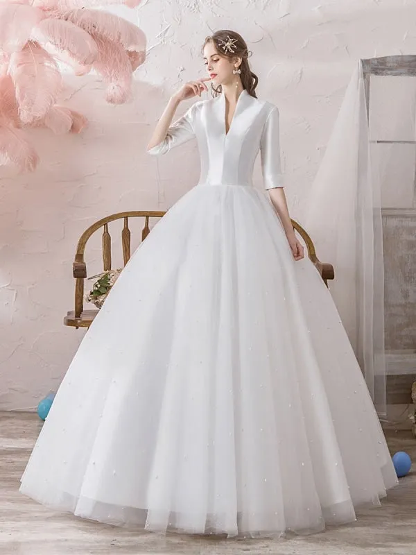 Vintage Wedding Dresses Princess High Collar Half Sleeve Floor Length Tulle Traditional Bridal Gowns