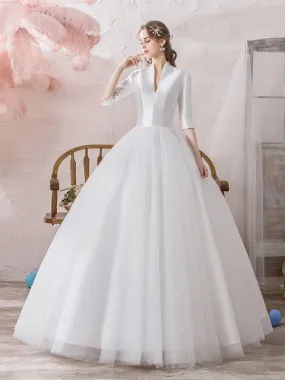 Vintage Wedding Dresses Princess High Collar Half Sleeve Floor Length Tulle Traditional Bridal Gowns