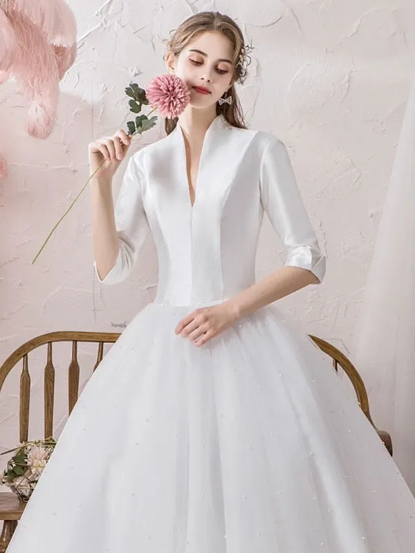 Vintage Wedding Dresses Princess High Collar Half Sleeve Floor Length Tulle Traditional Bridal Gowns