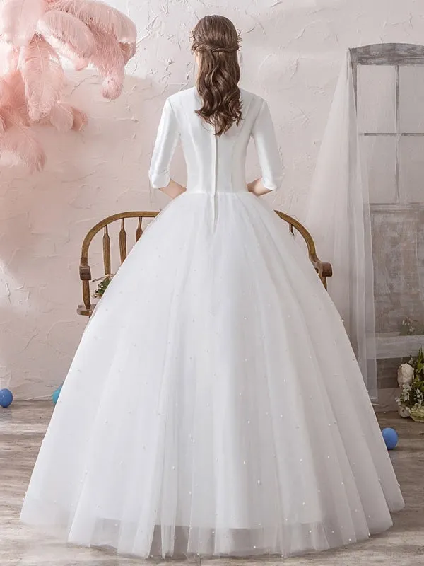 Vintage Wedding Dresses Princess High Collar Half Sleeve Floor Length Tulle Traditional Bridal Gowns