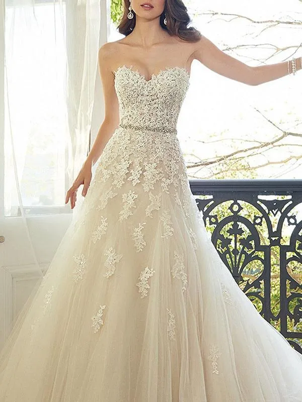 Wedding Dresses 2021 Tulle A Line Sweetheat Neck Sleeveless Floor Length Lace Appliqued Bridal Gowns With Train