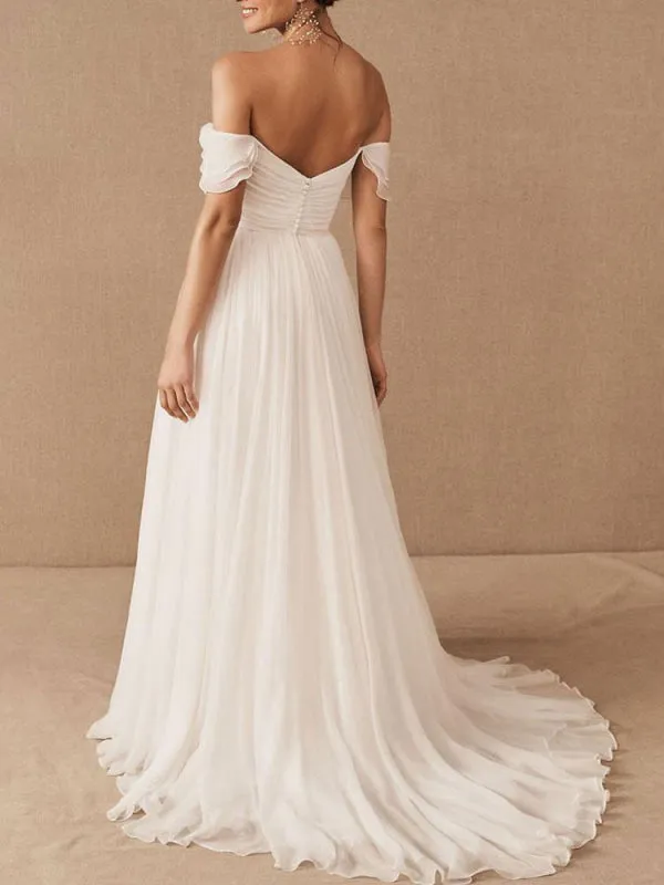 White Bridal Dress A-Line Bateau Natural Waistline Chiffon Back Zipper Floor Length Wedding Dress