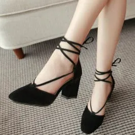 Women square closed toe side hollow strappy lace up chunky heels