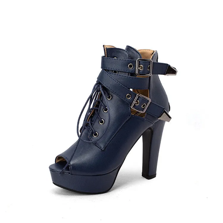 Women's Peep Toe Lace-Up Buckle Straps Chunky Heel Platform Sandals